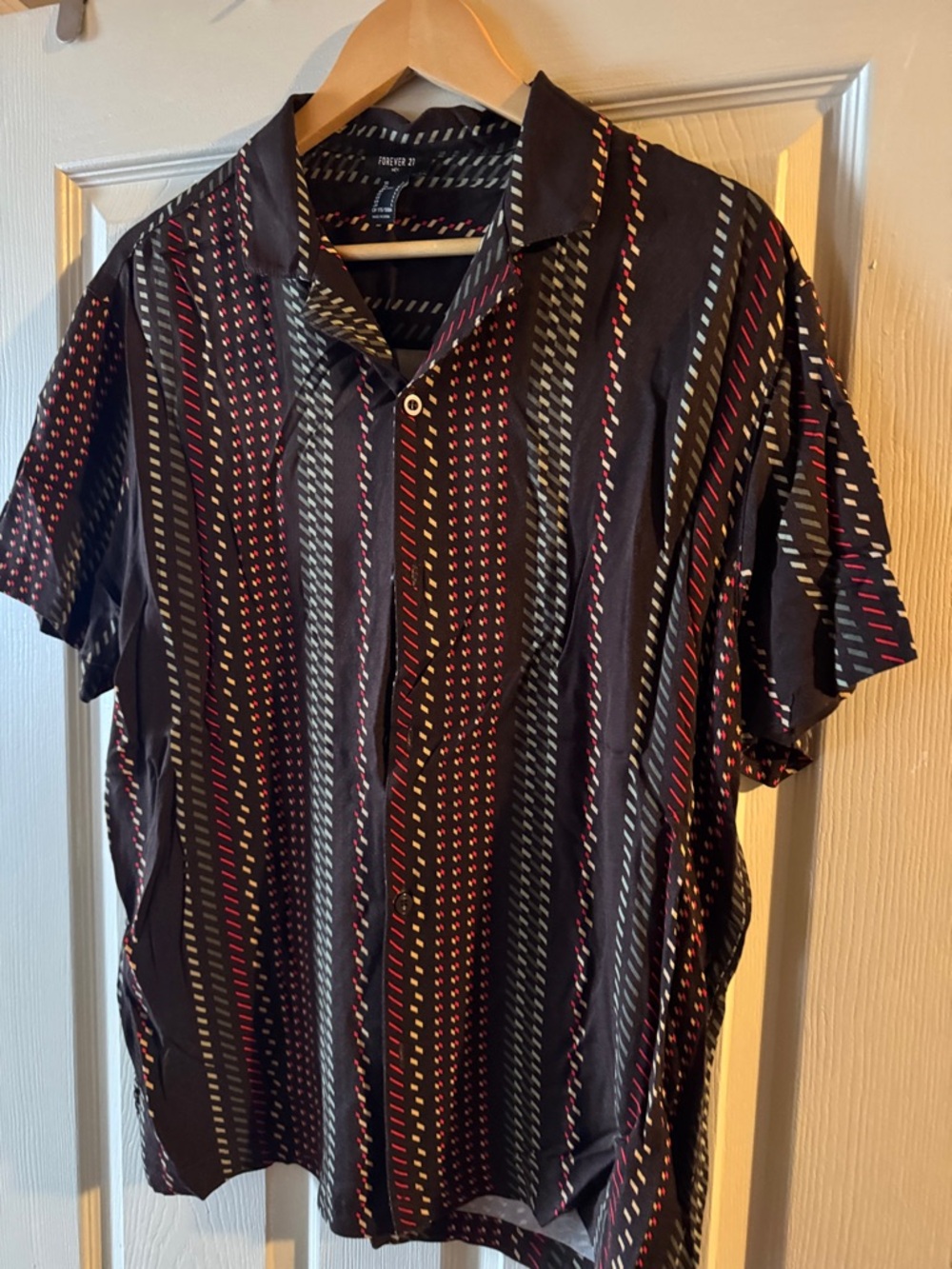Forever 21 Black Short-Sleeve Button-Up Shirt with Red and Gray Accents